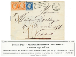 1857 20c(n°14) + 40c(n°16)x2 Obl. PC 3704 + ALEXANDRIE + AFFRT INSUFFISANT + Taxe 20 Sur Lettre(verso Incom&ugra - Lettres & Documents