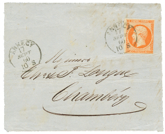 1860 40c(n°16) Obl. Cachet Sarde ANNECY 17 Sept 60 Sur DEVANT De Lettre Pour CHAMBERY. Date Trés Tardive. RAR - 1853-1860 Napoléon III.