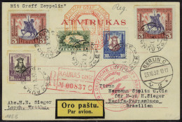 Lettre Zeppelin 9 SAF 1932, CP Recommandée De Kaunas 21.X.32, Càd Berlin 23.10.32, Pour Récife... - Autres & Non Classés