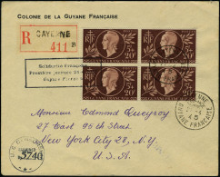 Lettre N° 179, 5f+ 20f Entraide, Bloc De 4 Obl Sur LR Censurée, Obl France Libre 21.4.45 Pour New York,... - Autres & Non Classés