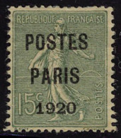 Neuf Sans Gomme N° 25, 15c Poste Paris 1920, Papier GC, T.B. Maury - Autres & Non Classés