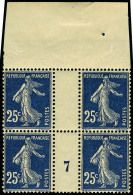 Neuf Sans Charnière N° 140b, 25c Semeuse Bleu Noir, Bloc De 4 Millésime 7, Bdf, T.B. - Autres & Non Classés