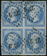 Oblitéré N° 14B, 20c Bleu, Bloc De 4, T.B. Signé Brun - Andere & Zonder Classificatie