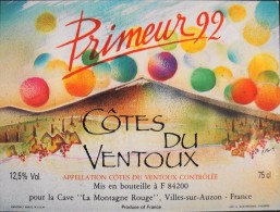 ETIQUETTE De VIN - " CÔTES Du VENTOUX " - Primeur 92  - Appel. Contrôlée 12,5° - 75cl - Parf. Etat - Côtes Du Ventoux