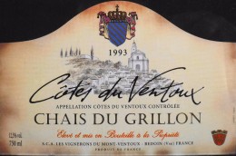 ETIQUETTE De VIN - " CÔTES Du VENTOUX 1993 " - Chais Du Grillon  - Appel. Contrôlée 12,5° - 75cl - Parf. Etat - Côtes Du Ventoux