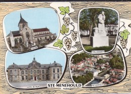 SAINTE-MENEHOULD (Marne) - CPSM - 4 Vues + Dessin De Vigne Et Raisin : Eglise, Statue Dom Pérignon, Vue Générale - Sainte-Menehould