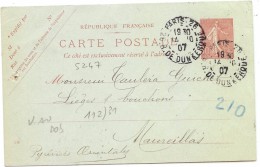 LCHA7 - E P CP SEMEUSE LIGNEE 10c D 518 REP. BOUGIES & SAVONS DE L'ETOILE PARIS/MAURCILLAS 14/10/1907 TIMBRE HUMIDE 10c - AK Mit Aufdruck (vor 1995)