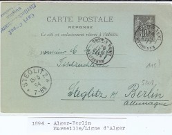 LCHA7 - EP CP SAGE 15c (REPONSE) OBL. MARSEILLE LIGNE D'ALGER 3/5/1894 POUR BERLIN - Poste Maritime