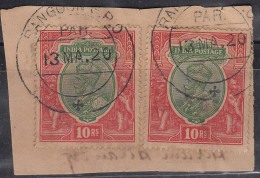 Rangoon Postmark On Piece, Rs 10 X 2, KG V Series 1920 Single Star Wmk , British India Used Abroad In Burma, - Birmanie (...-1947)