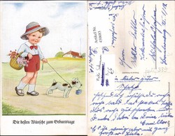 450683,Künstler AK Willi Scheuermann John Wills Kind M. Hut Korb Hund Geschenk - Scheuermann, Willi