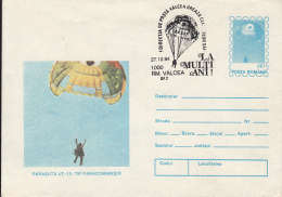 PARACHUTTING, PARACOMANDER UT-15 PARACHUTTE, COVER STATIONERY, ENTIER POSTAL, 1994, ROMANIA - Parachutting