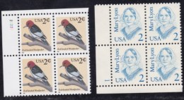 Sc#2169  Mary Lyon 1987 And #3032 Woodpecker Bird Issues Two Plate# Block Of 4 2-cent US Stamps - Números De Placas