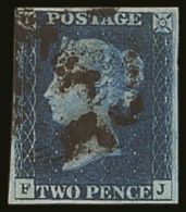 1840 2d Deep Full Blue 'FJ' Plate 1, SG 4, Fine Used With 4 Neat Margins & Indistinct Black MC Pmk. Amazing... - Other & Unclassified