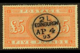 1867-83 £5 Orange On White Paper, SG 137, Very Fine Used With Pretty Upright Central Cds Cancel. Few Nibbled... - Other & Unclassified