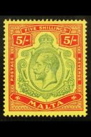 1914-21 5s Green And Red/yellow, SG 88, Very Fine Never Hinged Mint. For More Images, Please Visit... - Malta (...-1964)