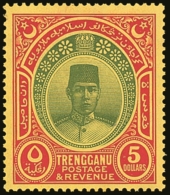 TRENGGANU 1938 $5 Green And Red On Yellow, Wmk Mult Script CA, SG 44, Very Fine Mint. Fresh & Attractive. For... - Andere & Zonder Classificatie