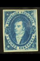 1867 15c Blue Rivadavia Imperf On Unwatermarked Paper (Scott 16, SG 23), Fine Unused No Gum As Issued, Four Good... - Altri & Non Classificati