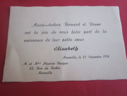 FAIRE PART DE NAISSANCE  CARTE DE VISITE MARSEILLE 1954 - Naissance & Baptême