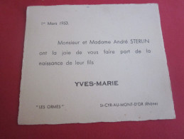 FAIRE PART DE NAISSANCE  CARTE DE VISITE SAINT-CYR-AU-MONT-D'OR RHONE 1953 - Geboorte & Doop