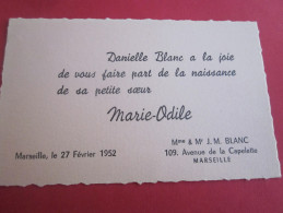 FAIRE PART DE NAISSANCE CARTE DE VISITE MARSEILLE LA CAPELETTE 1952 - Naissance & Baptême