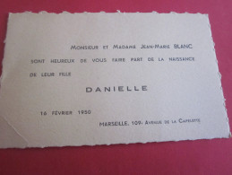 FAIRE PART DE NAISSANCE  CARTE DE VISITE MARSEILLE LA CAPELETTE 1950 - Birth & Baptism