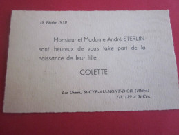 FAIRE PART DE NAISSANCE  CARTE DE VISITE SAINT-CYR-AU-MONT-D'OR RHONE  1950 - Naissance & Baptême