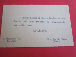 FAIRE PART DE NAISSANCE  CARTE DE VISITE PRADO MARSEILLE 1949 - Naissance & Baptême