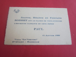 FAIRE PART DE NAISSANCE  CARTE DE VISITE  ST JULIEN  MARSEILLE  1930 - Birth & Baptism