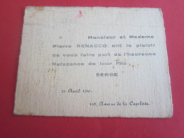 FAIRE PART DE NAISSANCE  CARTE DE VISITE  AV DE LA CAPELETTE MARSEILLE  1941 - Birth & Baptism