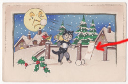 Cpa Fantaisie, Chat Noir Et Lune, Neige ( Le Chat Se Déplie En 3D / Manque Un Autre Chat à Droite Du 1er )  ( FA ) - Animali Abbigliati