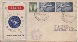 QANTAS AIR MAIL COVER - FIRST AUSTRALIAN ROUND THE WORLD AIR SERVICE - 1958 From Australia To England - Brieven En Documenten