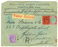 ADEN : 1908 1R (scarce) + 12a + 2a Canc. ADEN + Label VALEUR DECLAREE On REGISTERED Envelope To ENGLAND. RARE. Vf. - Altri & Non Classificati