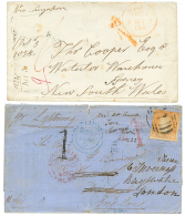 2 Covers : 1856 6d Fault + Tax Marking To LONDON And 1854 Stampless Envelope To SYDNEY. Vf. - Almere