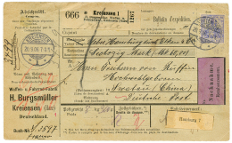 1906 20pf + Verso 2MARK Block Of 4 + 20pf Commercial Perforation Canc. KREIENSEN On BULLETIN D'EXPEDITION To SWATOW CHIN - Phone Tickets