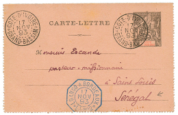 1893 Entier 25c Obl. COTE D'IVOIRE GRAND-BASSAM + LOANGO A BORDEAUX Pour Un Pasteur Missionnaire Au SENEGAL. TB Texte. S - Jugoslavia