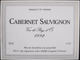 ETIQUETTE De VIN " CABERNET SAUVIGNON 1992 " - Vin De Pays D'Oc - 12,5° - 75cl - Parf. Etat - Languedoc-Roussillon