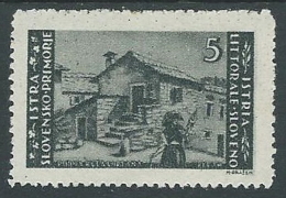 1946 OCC JUGOSLAVA ISTRIA EMISSIONE BILINGUE 5 LIRE MH * - M55-9 - Joegoslavische Bez.: Istrië