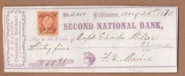 AC - SECOND NATIONAL BANK, BALTOMORE MARYLAND 1870 CHECK 2 CENT REVENUE STAMP - United States