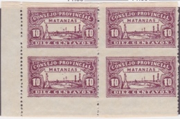 REP-107 CUBA REPUBLICA REVENUE. MATANZAS LOCAL STAMP. 10c BLOCK 4 IMPERFORATED ERROR. SIN PERFORACION HORIZONTAL. - Strafport