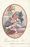 ENFANTS - LITTLE GIRL -  Jolie Carte Fantaisie Petite Fille "Pense-t-il à Moi, Lui ?"  Signée WUYTS - Wuyts