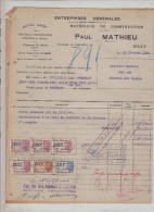 GILLY - PAUL MATHIEU - MATERIAUX CONSTRUCTIONS - FACTURE - 1946 - Petits Métiers