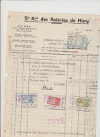 MONCEAU SUR SAMBRE - ACIERIES DE NIMY - FACTURE - MAI 1943 - Artigianato