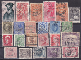 #127  PERFINS  STAMPS, 23 STAMPS, FROM SPAIN, SWITZERLAND, GERMANY, ITALY, BAYERN, HOLLAND, ENGLAND, IRAN, U.K.,ETC. - Perforadas