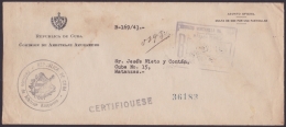 1944-H-28 CUBA REPUBLICA (LG-572) OFFICIAL REG COVER COMISION ARBITRAJE AZUCARERO. SUGAR COMISSION. - Briefe U. Dokumente