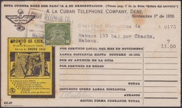 REP-41 CUBA  RECIBO DE CUBAN TELEPHON Cº. 1939. REVENUE STAMP 10c TIMBRE NACIONAL. - Segnatasse