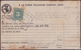 REP-43 CUBA  RECIBO DE CUBAN TELEPHON Cº. 1936. REVENUE STAMP 5c TIMBRE NACIONAL. - Strafport