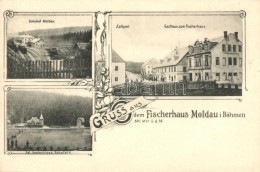 ** T1/T2 Moldava, Moldau I. Böhmen; Gasthaus Zum Fischerhaus, Bahnhof, Kgl. Jagdschloss Rehefeld / Guest... - Ohne Zuordnung