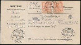 1913 TávbeszélÅ‘ Jegy 2x1K Turul Bérmentesítéssel 'SZILÁGYCSEH' - Other & Unclassified
