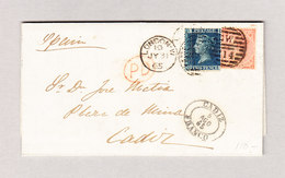 GB LONDON 31.7.1865 2 Und 4Pence Mischfrankatur Auf Brief Mit Inhalt Nach Cadiz Mit AK-Stempel Und PD Im Kreis Rot - Storia Postale