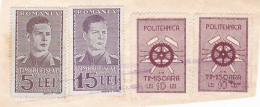 #134   4 X REVENUE STAMPS,  POLITECHNIC TIMISOARA UNIVERSITY, FRAG.  ROMANIA. - Revenue Stamps